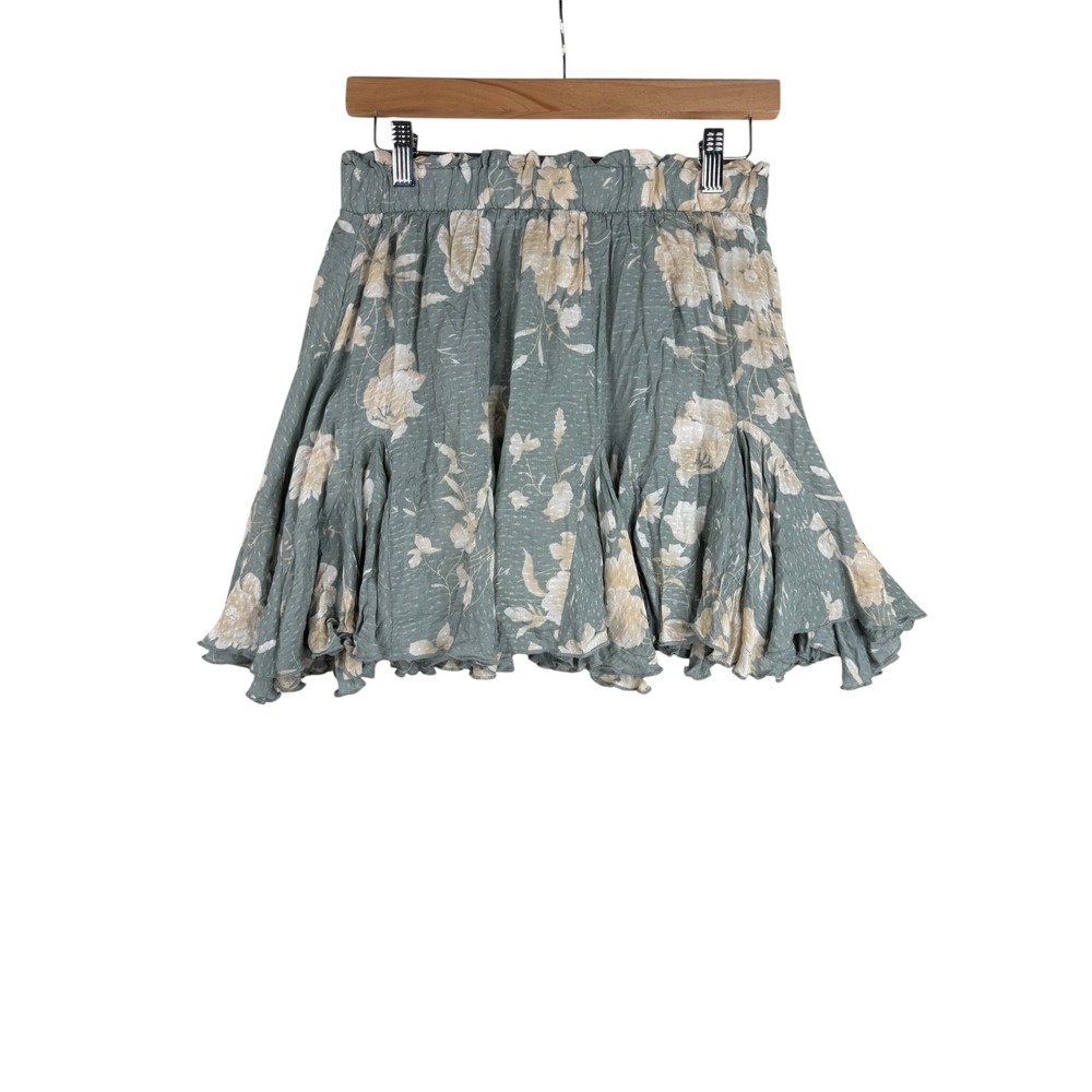 Peach Love California Floral Print Ruffle‎ Mini Skirt size Large Green/Cream